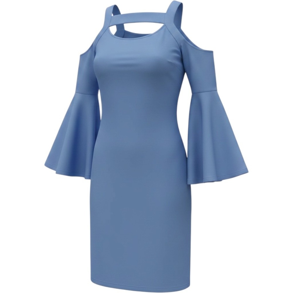 Venus‎ Cold Shoulder Dress Womens Large Blue Excellent Bell Sleeve Cutout Neck
